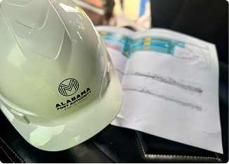 Construction helmet with Alabama logo and construction plans on a desk.