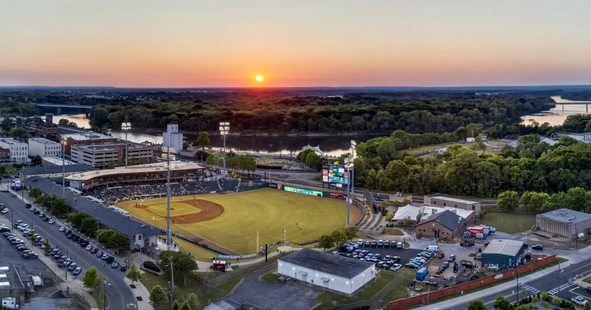 Aerial view of a baseball stadium at sunset in Central Alabama.
