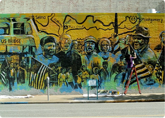 Colorful mural depicting community life in Central Alabama with local landmarks.
